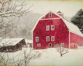 The Red Barn - Christmas scenery , Antique Barn, winter , snow photography, landscape, nature, old barn, fine art print