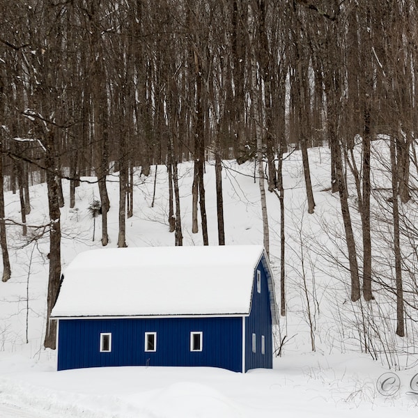 Vermont Blue Barn - Vermont photography , sugaring barn, winter, landscape, blue barn, wall art, farm decor, home decor, fine art print