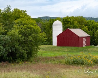 Vermont Red Barn with White Silo - Vermont photography , landscape, red barn, wall art, farm decor, home decor, fine art print