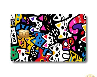 Abstract Cat Credit Card Skin, Pop Art Graffiti Vinyl Sticker Wrap (Fits Standard Cards)
