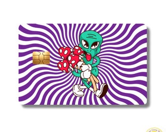 Skórka na kartę kredytową Alien Mushroom: Okładka winylowa z psychodelicznym zawirowaniem
