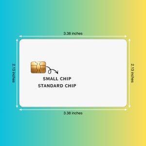 May include: A white rectangular card featuring a gold metallic chip on the left side. The text SMALL CHIP and STANDARD CHIP is printed below the chip. Arrows indicate dimensions of 8.59 cm in width and 5.41 cm in height.