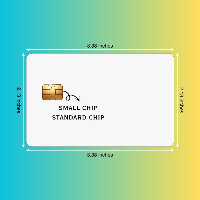 May include: A white rectangular card featuring a gold metallic chip on the left side. The text SMALL CHIP and STANDARD CHIP is printed below the chip. Arrows indicate dimensions of 8.59 cm in width and 5.41 cm in height.