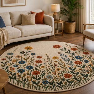 May include: A large, circular area rug featuring a cream-coloured background with a repeating pattern of wildflowers in shades of orange, blue, yellow, and green. The floral design covers the surface with stems, leaves, and various blooming flowers.
