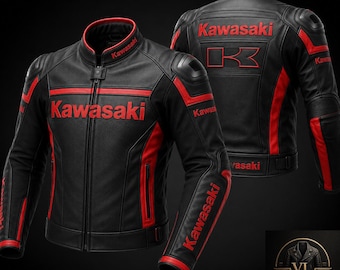 Kawasaki Motorcycle Leather Jacket Black Red cowhide Biker Racing Riding Outwear