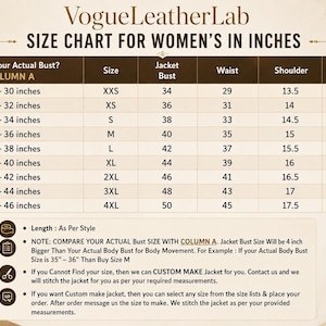 May include: A size chart for jackets titled VogueLeatherLab, displaying measurements in inches for sizes XXS to 4XL. The table includes columns for actual bust, jacket bust, waist, shoulder, and sleeve length, with additional text notes below.