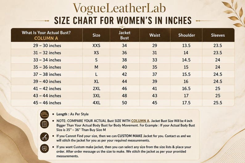 May include: A size chart for jackets titled VogueLeatherLab, displaying measurements in inches for sizes XXS to 4XL. The table includes columns for actual bust, jacket bust, waist, shoulder, and sleeve length, with additional text notes below.