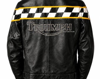 Triumph Motorcycle Cafe Racer Leather Jacket: Black Cowhide Biker Riding Style