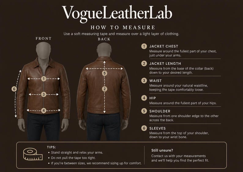 May include: A brown leather jacket shown from front and back views on a mannequin, with a diagram titled VogueLeatherLab HOW TO MEASURE. The graphic includes numbered points for measuring jacket chest, length, waist, hip, shoulder, and sleeves.