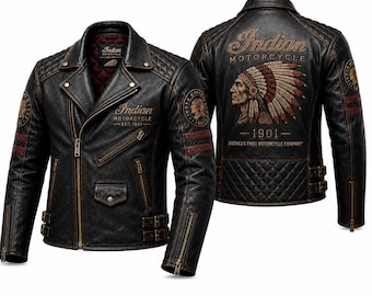 Jaqueta de couro para motocicleta Indian, modelo Chief Biker Coat Cafe Racer, bordada, em couro bovino. Presente perfeito.