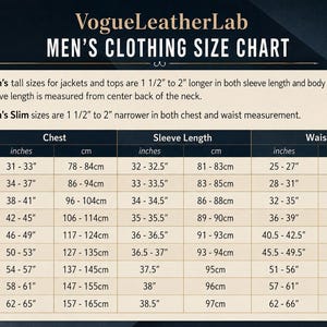 May include: A VogueLeatherLab size chart for clothing with a dark header and light background. It lists measurements in inches and centimeters for chest, sleeve length, and waist across sizes XS to 5XL, including notes on tall and slim fit.