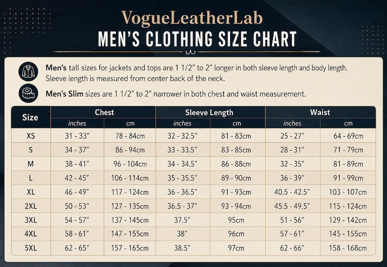 May include: A VogueLeatherLab size chart for clothing with a dark header and light background. It lists measurements in inches and centimeters for chest, sleeve length, and waist across sizes XS to 5XL, including notes on tall and slim fit.