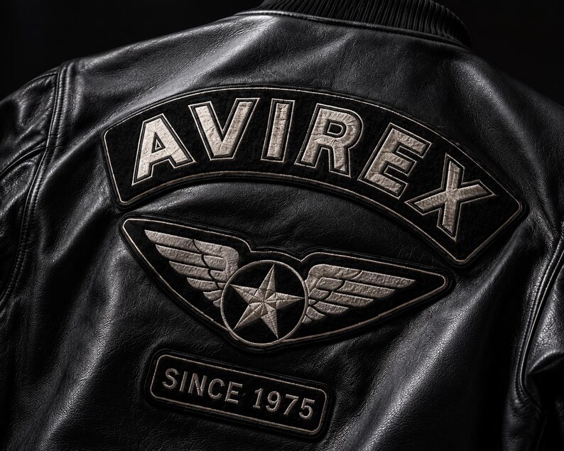 May include: A black leather jacket featuring a large arched patch on the back with the text AVIREX in silver lettering. Below this, a winged star emblem is centered above a rectangular patch displaying the text SINCE 1975 in silver font.