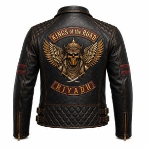 May include: A black leather jacket featuring a back graphic of a winged skull wearing a crown, with the text KINGS OF THE ROAD and RIYADH. The jacket has quilted shoulder and waist panels, two red stripes on each sleeve, and brass-toned zippers.