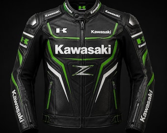 Leren Kawasaki Racing-motorjas – groen zwarte biker Cafe Racer-jas