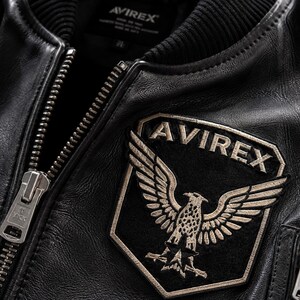 Avirex Black Genuine Leather Bomber Jacket – Ribbed Varsity Aviator Coat image 5