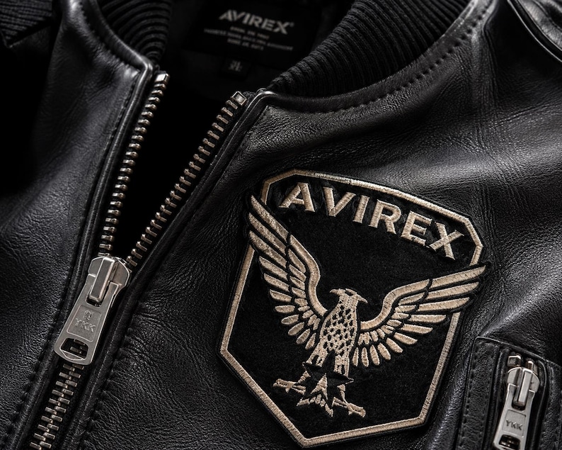 Avirex Black Genuine Leather Bomber Jacket – Ribbed Varsity Aviator Coat image 5