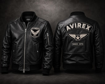 Avirex Black Genuine Leather Bomber Jacket – Ribbed Varsity Aviator Coat