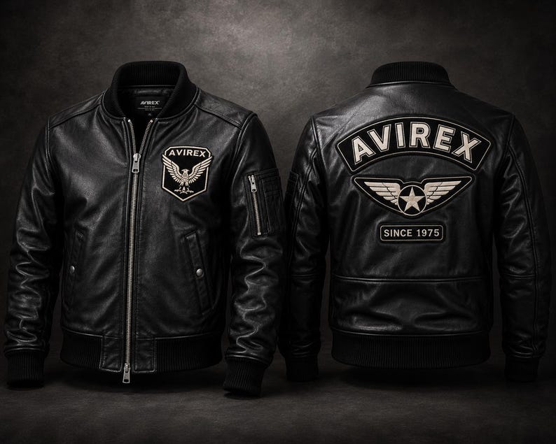 May include: A black leather bomber jacket shown from the front and back. The front features a small patch with an eagle and the text AVIREX. The back displays a large patch with the text AVIREX, a winged star emblem, and the text SINCE 1975.