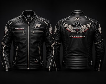 Embroidered Black Leather Cafe Racer Motorcycle Jacket – Genuine Cowhide Biker Coat