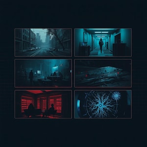 May include: A collage of six cinematic scenes featuring a dark city street, a person walking down a blue-lit corridor, a dimly lit office, a mechanical structure with red lights, two people in a red-lit room, and a glowing blue neural network graphic.