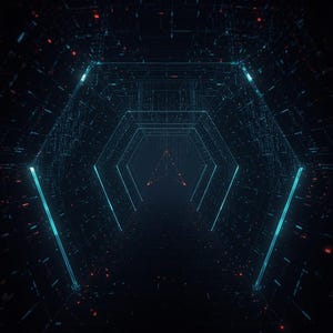 May include: A digital tunnel graphic featuring concentric hexagonal frames outlined in glowing cyan light. The dark background is filled with intricate, fine-lined circuitry patterns and small, scattered red light points, with a central red triangle.