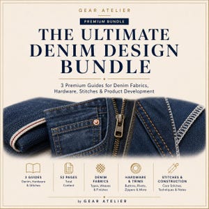 May include: A digital product bundle titled The Ultimate Denim Design Bundle by Gear Atelier. It includes 3 guides covering 52 pages of content on denim fabrics, hardware, trims, stitches, and construction, featuring images of blue denim.