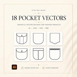 May include: A digital graphic displaying 18 POCKET VECTORS by ATELIER GEAR, featuring six black and white line art illustrations of various pocket styles. The text includes AI, SVG, EPS, PDF, and the phrase VERSATILE VECTOR DESIGNS FOR FASHION PROJECTS.