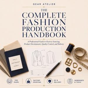 Pode incluir: The Complete Fashion Production Handbook da Gear Atelier, um guia profissional com um esboço de blazer, amostras de tecido, uma caneta preta, um carretel de linha azul-marinho, uma fita métrica, fivelas de metal e botões.