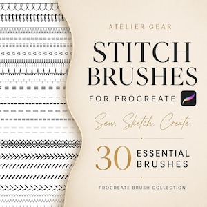 Könnte beinhalten: Eine digitale Sammlung von 30 Stichpinseln für Procreate mit verschiedenen schwarzen Linienmustern auf weißem Hintergrund. Der Text lautet ATELIER GEAR STITCH BRUSHES FOR PROCREATE, Sew. Sketch. Create. 30 ESSENTIAL BRUSHES PROCREATE BRUSH COLLECTION.