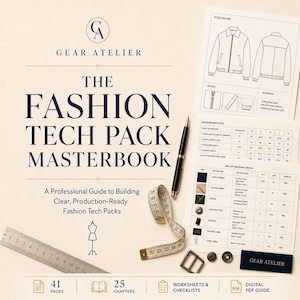 Puede incluir: El Fashion Tech Pack Masterbook de Gear Atelier es una guía profesional que incluye bocetos técnicos de una chaqueta, una tabla de medidas en cm, una lista de materiales, una regla metálica, una cinta métrica, un bolígrafo y botones.
