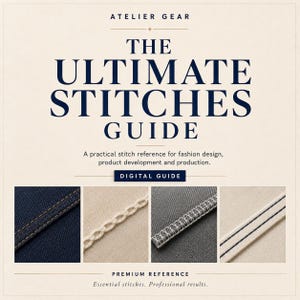May include: A digital guide titled ATELIER GEAR THE ULTIMATE STITCHES GUIDE with a subtitle A practical stitch reference for fashion design, product development and production. It features four square images showing various fabric stitch examples.