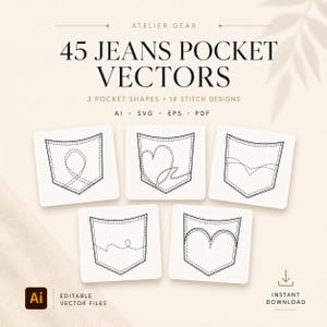 Può includere: Un grafico digitale che mostra 45 vettori di tasche per jeans con 3 forme di tasca e 14 design di cuciture. Il testo recita ATELIER GEAR, 45 JEANS POCKET VECTORS, 3 POCKET SHAPES, 14 STITCH DESIGNS, AI, SVG, EPS, PDF, EDITABLE VECTOR FILES, INSTANT DOWNLOAD.