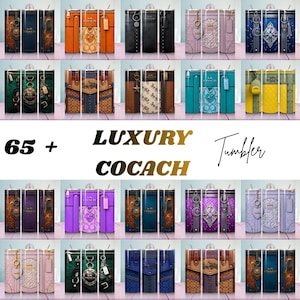 May include: A collection of cylindrical tumblers featuring various patterns and colours, including brown, blue, green, purple, and orange, with printed designs of handbags, charms, and the text 65 + LUXURY COCACH Tumbler displayed in the centre.
