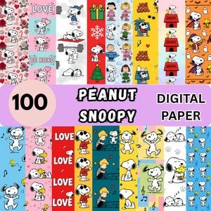 May include: A collection of 100 digital paper sheets featuring Snoopy and Peanuts characters in various colorful patterns, including holiday themes, love motifs, and Joe Cool designs, with the text 100 PEANUT SNOOPY DIGITAL PAPER.