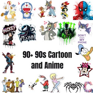 Może przedstawiać: Kolekcja różnych naklejek z postaciami z kreskówek i anime, w tym Myszka Miki, Venom, Tom i Jerry, Spider-Man, Kaczor Donald oraz gang Scooby-Doo, z tekstem 90+ 90s Cartoon and Anime wyświetlonym na środku.