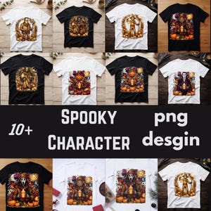 May include: A collection of white and black t-shirts featuring various Halloween-themed graphic prints, including characters like Frankenstein, a scarecrow, a vampire, and a masked figure, all surrounded by pumpkins and autumn-inspired elements.