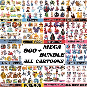 Op de afbeelding: Een digitale collectie van meer dan 900 afbeeldingen van stripfiguren, georganiseerd in gelabelde secties waaronder SpongeBob, Frozen, Marvel, Lion King, Winnie the Pooh, Spiderman, Minnie Mouse, Tom and Jerry, Lilo and Stitch, Scooby-Doo, Pokemon en Powerpuff Girls.