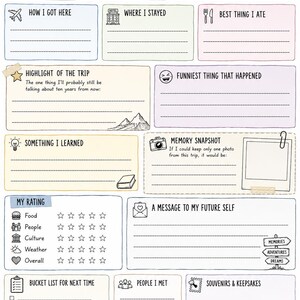 May include: A white travel journal page titled MY TRAVEL STORY with black line art icons including a camera, globe, and airplane. The layout features sections for destination, country, date, food, people, and ratings with star symbols and blank lines.
