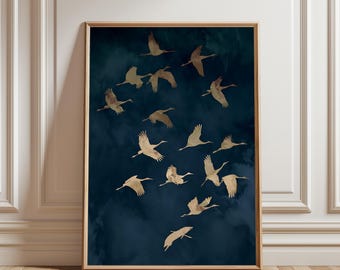Japanese Crane Wall Art Print, Gold Bird Flock Poster, Navy Blue Zen Decor, Flying Heron Art, Moody Bird Print, Elegant Home Decor Gift