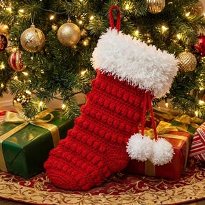 May include: A red crocheted Christmas stocking featuring a textured bobble stitch pattern throughout the body. The stocking has a thick, fluffy white faux fur cuff at the top, a red hanging loop, and two white pom-poms attached by red strings.