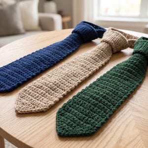 May include: Three neckties crafted from yarn in a crochet stitch pattern. The ties are arranged side by side, featuring solid colors of navy blue, light beige, and dark forest green. Each tie has a pointed tip and a knotted loop at the top.