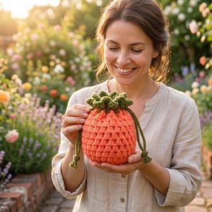 May include: A small, round, orange crocheted pouch with a textured, pineapple-like pattern and a dark green crocheted top featuring leaf-shaped accents. The pouch includes a drawstring closure with two long, dark green crocheted cords.