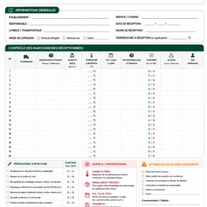 May include: A white and green document titled TRACELYS RECEPTION DES MARCHANDISES, featuring a grid for daily food delivery inspection, temperature tracking, and quality control checklists with sections for supplier details, signatures, and safety protocols.