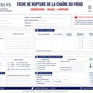 May include: A white A4-sized cold chain break report form by Tracelys, labeled ENR-020. The document features sections for general information, nature of the incident, affected products, impact evaluation, corrective actions, and verification, all in French.