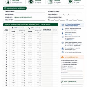 May include: A white and green temperature log sheet titled ENR-002 RELEVÉ DES TEMPÉRATURES for a blast chiller. It includes sections for general information, a 31-day daily temperature recording table, cooling specifications, and corrective actions.