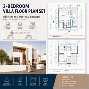 Peut inclure: Un ensemble de plans d'étage pour une villa de 3 chambres avec des dessins architecturaux complets. Le document présente les plans du rez-de-chaussée et du premier étage avec des dimensions de 12 x 11 m. Il inclut des icônes de conception moderne.