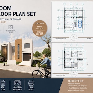 Peut inclure: Un ensemble de plans d'étage pour une villa de 3 chambres avec des dessins architecturaux complets. Le document présente les plans du rez-de-chaussée et du premier étage avec des dimensions de 12 x 11 mètres et un rendu de maison moderne.