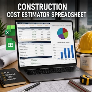 Peut inclure: Un écran d'ordinateur portable affichant une feuille de calcul d'estimation des coûts de construction avec des tableaux, un graphique circulaire et un histogramme. Les icônes Excel et Google Sheets sont présentes sur le côté gauche de l'écran.