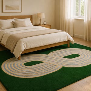 Handgetuft tapijt van wol en zijde met oneindige lus, modern geometrisch vloerkleed, luxe groen abstract tapijt, eigentijds woonkamerdecor.